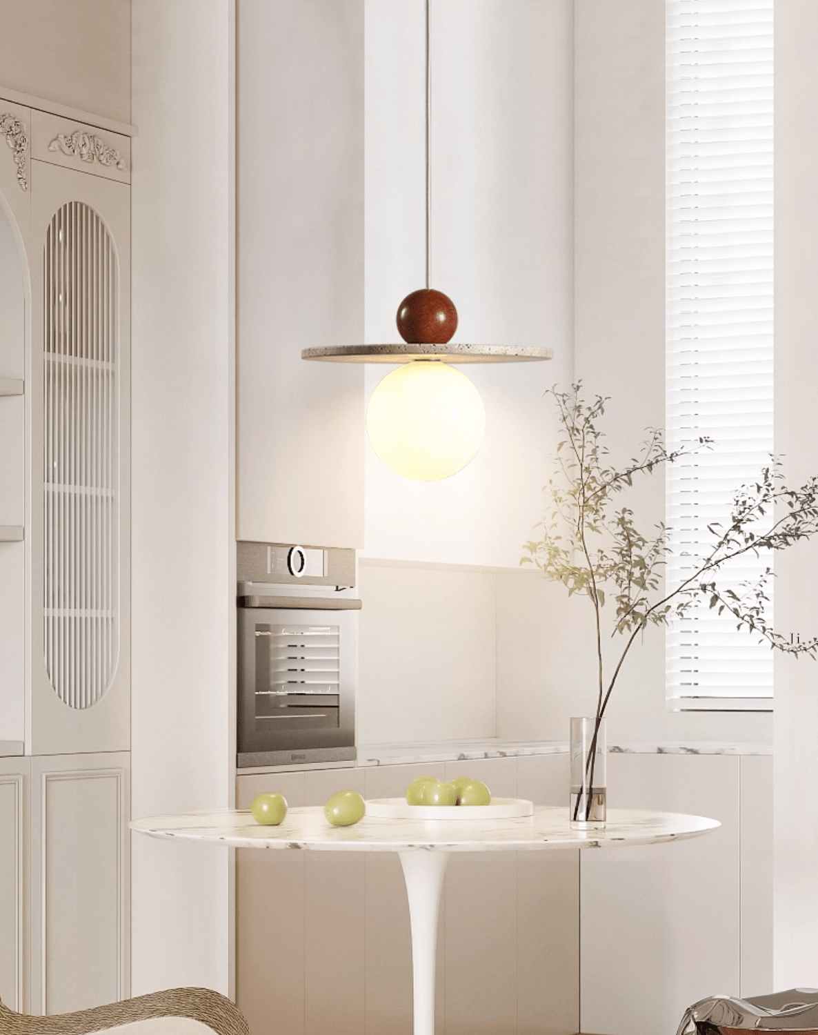 Solen Pendant Light in Travertine and Wood – Modern Designer Ceiling Lamp