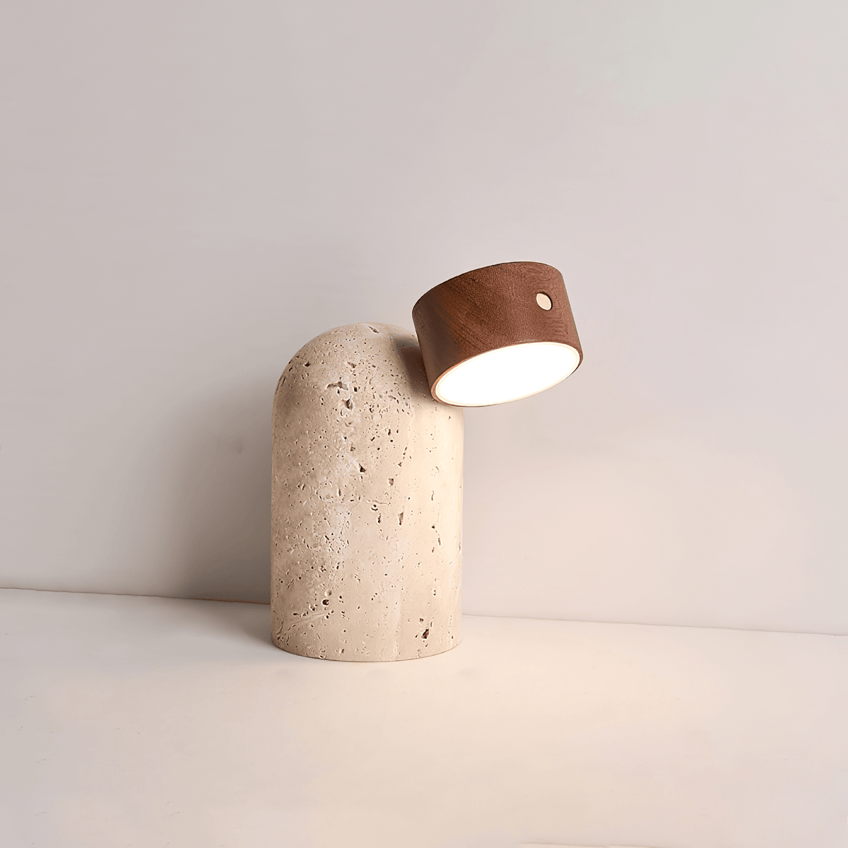 Capsule Stone Table Lamp with Travertine Base and Walnut Accent