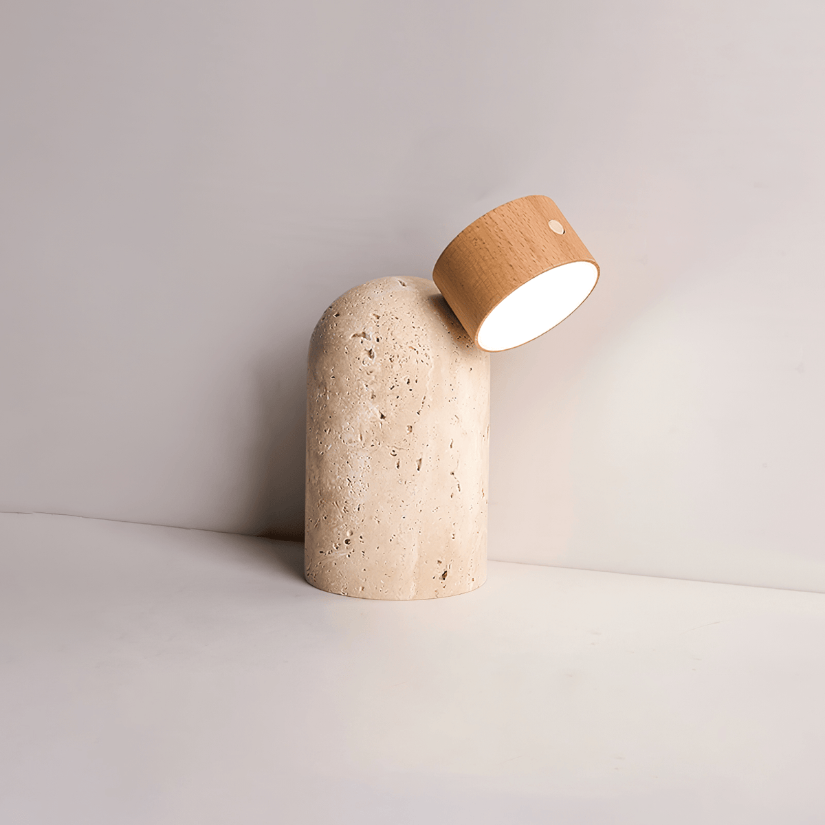 Capsule Stone Table Lamp with Travertine Base and Walnut Accent