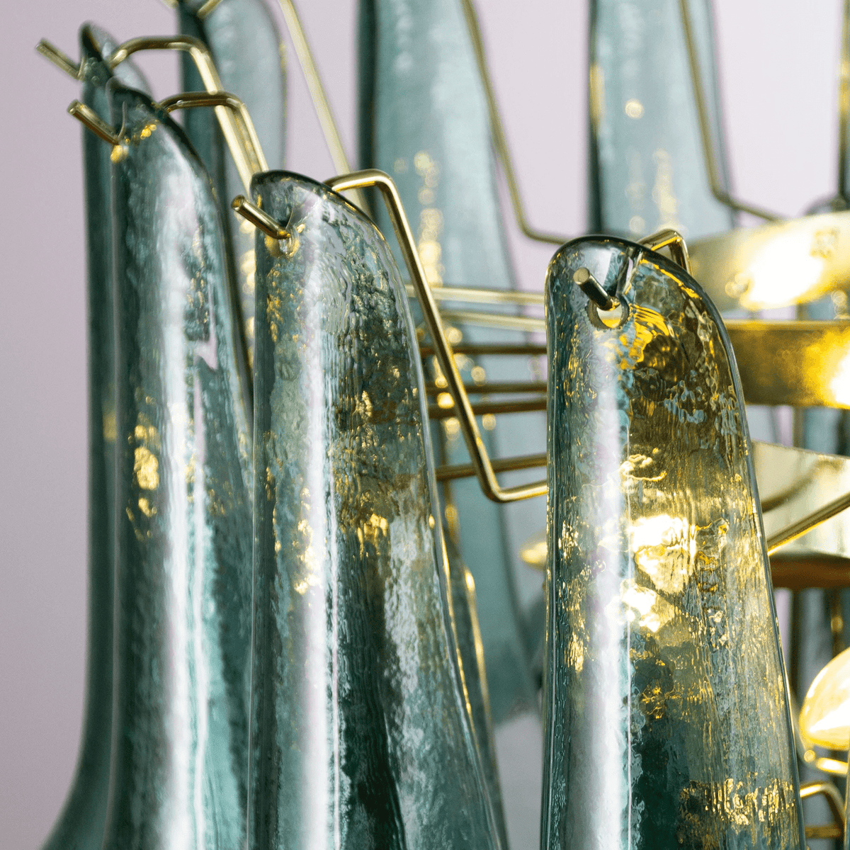 Petali Blue Glass and Brass Chandelier for Dining Room and Foyer