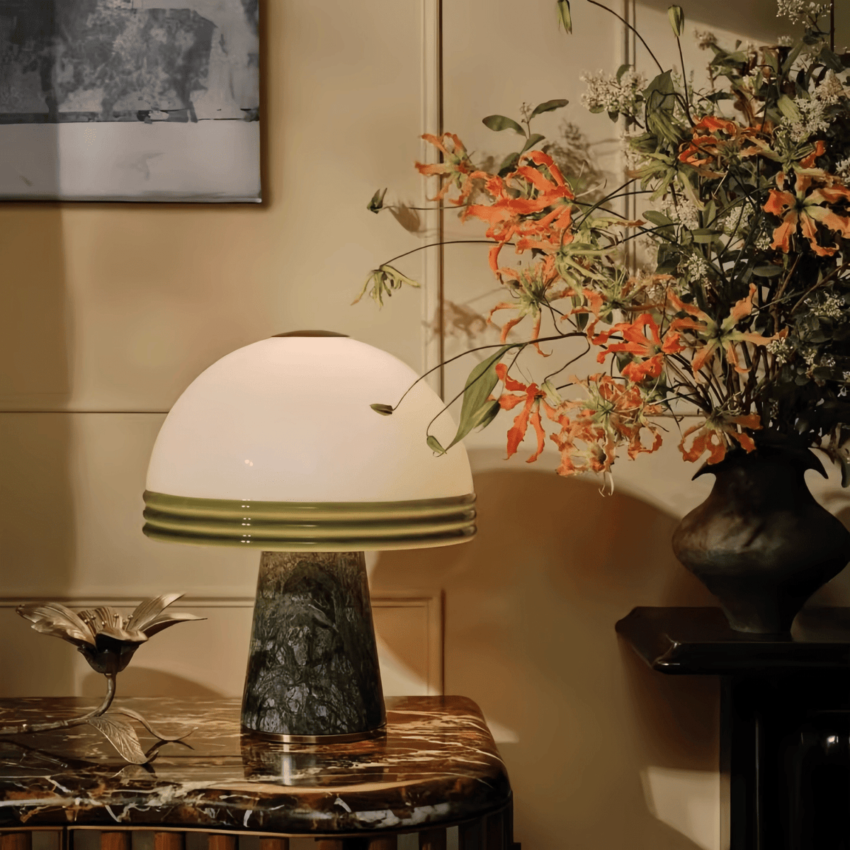 Verdura Dome Table Lamp with Marble Base and Green Glass Accent