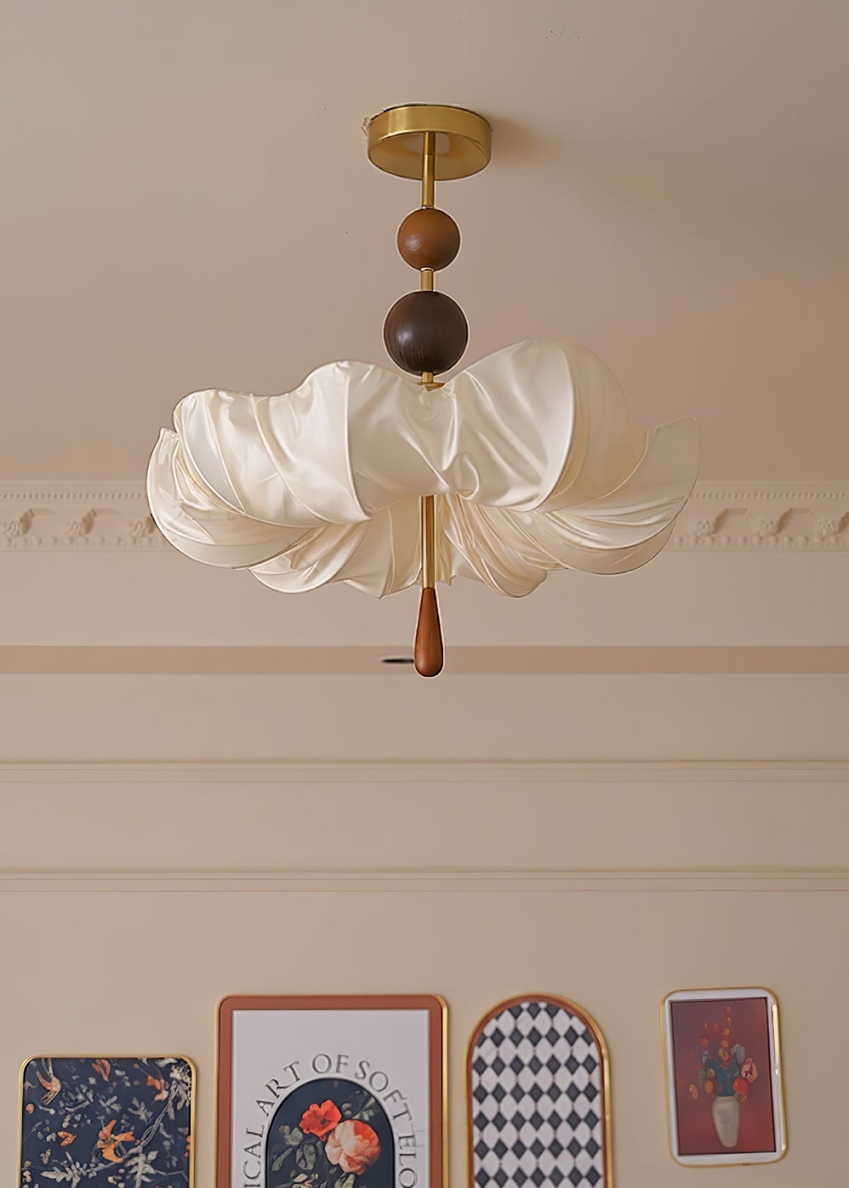 Floralis Fabric Ceiling Light in Walnut and Brass – Modern Flush Mount for Living Room and Bedroom