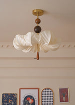 Floralis Fabric Ceiling Light in Walnut and Brass – Modern Flush Mount for Living Room and Bedroom