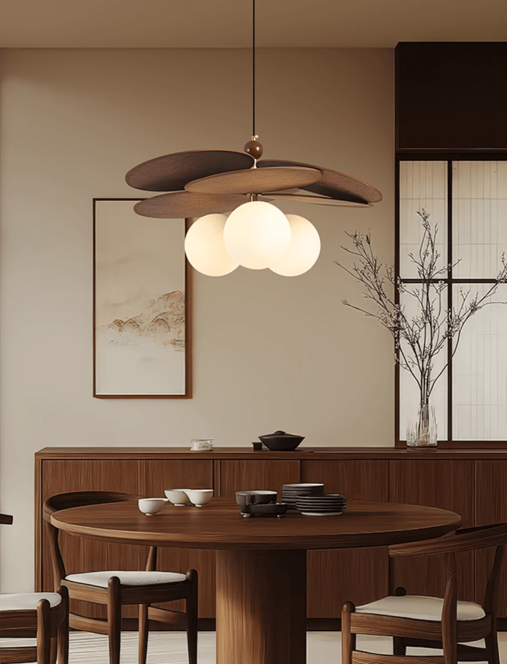Aurelian Bloom Wooden Pendant Light with Opaline Glass Globes