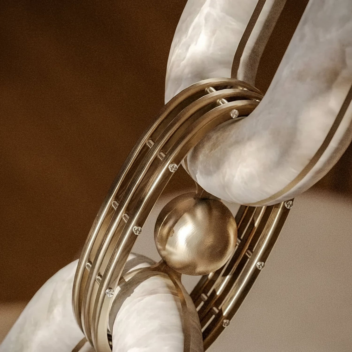 Modern Alabaster Chain Link Chandelier with Brass Accents
