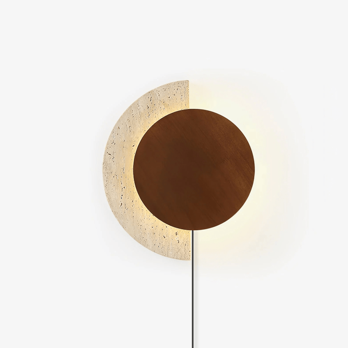 Crescent Halo Plug-In Wall Sconce in Natural Travertine and Wood