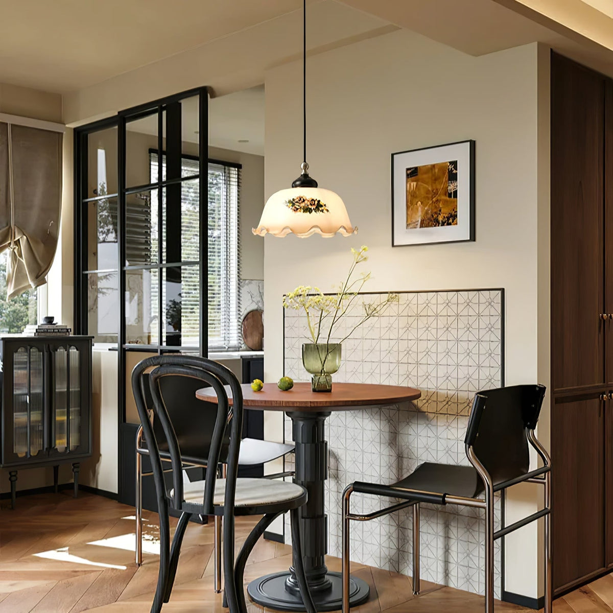 Art Deco Floral Glass Pendant Light with Walnut and Brass Accents