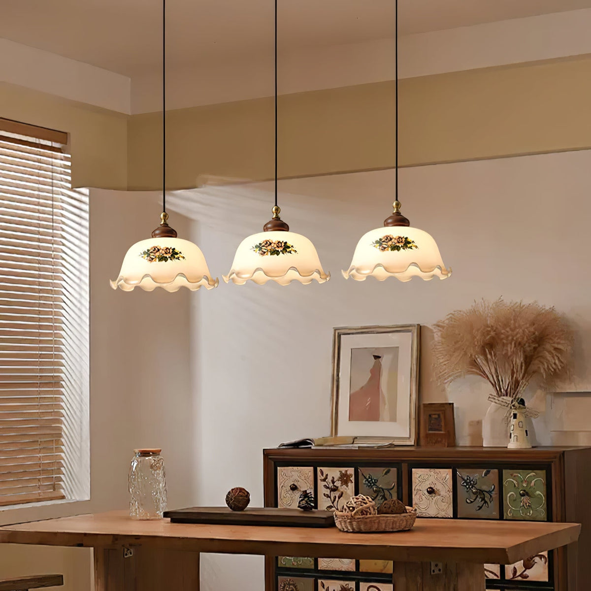 Art Deco Floral Glass Pendant Light with Walnut and Brass Accents