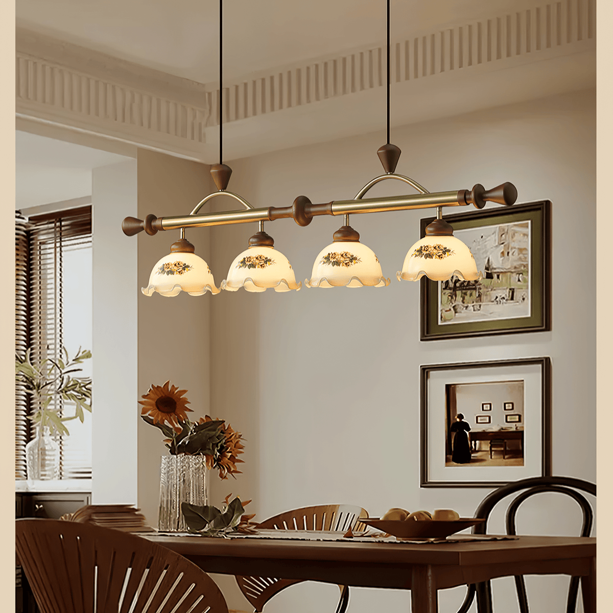 Art Deco Floral Glass Pendant Light with Walnut Wood and Gold Accents