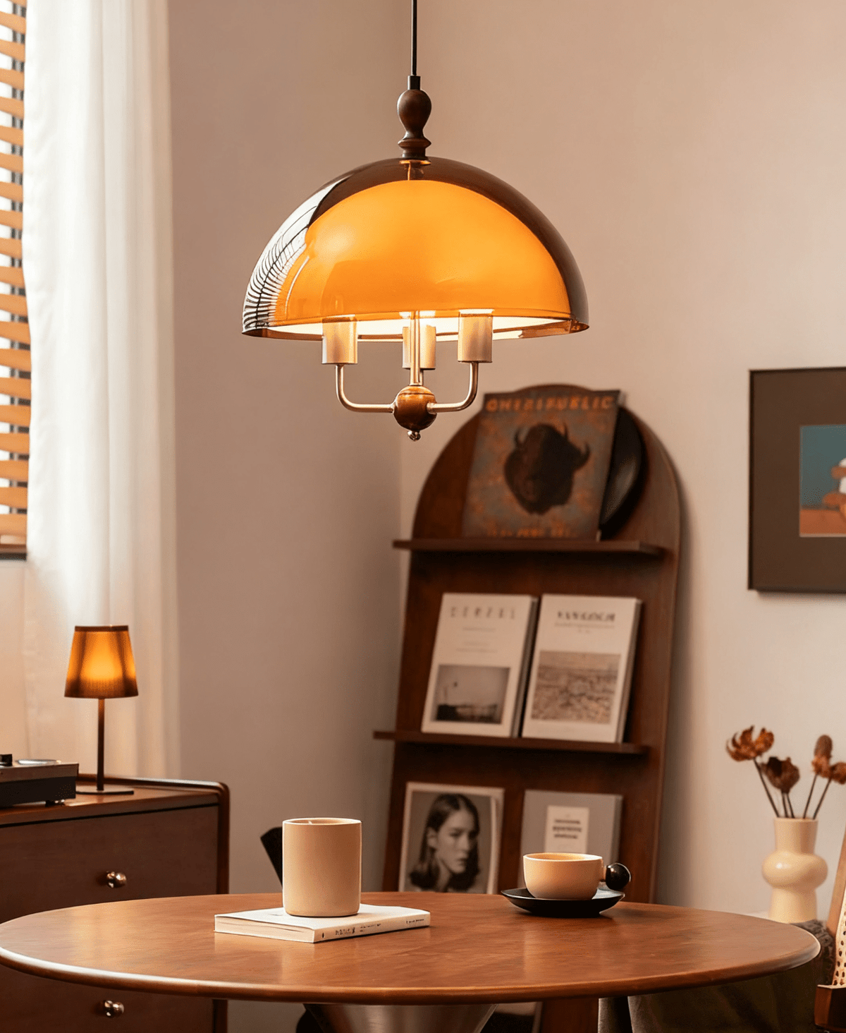 Amber Dome Pendant Light with Walnut Accents – Modern Retro Illumination