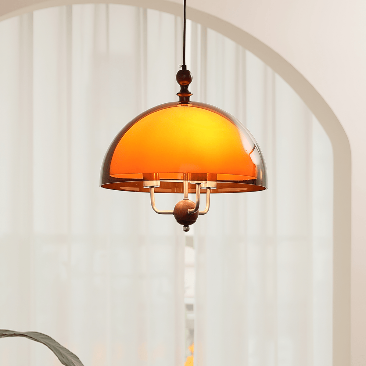 Amber Dome Pendant Light with Walnut Accents – Modern Retro Illumination