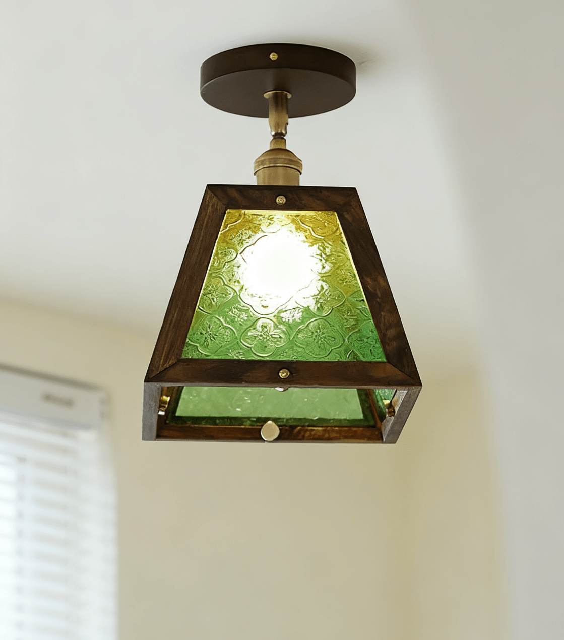 Verdant Art Glass Ceiling Pendant with Walnut Accents