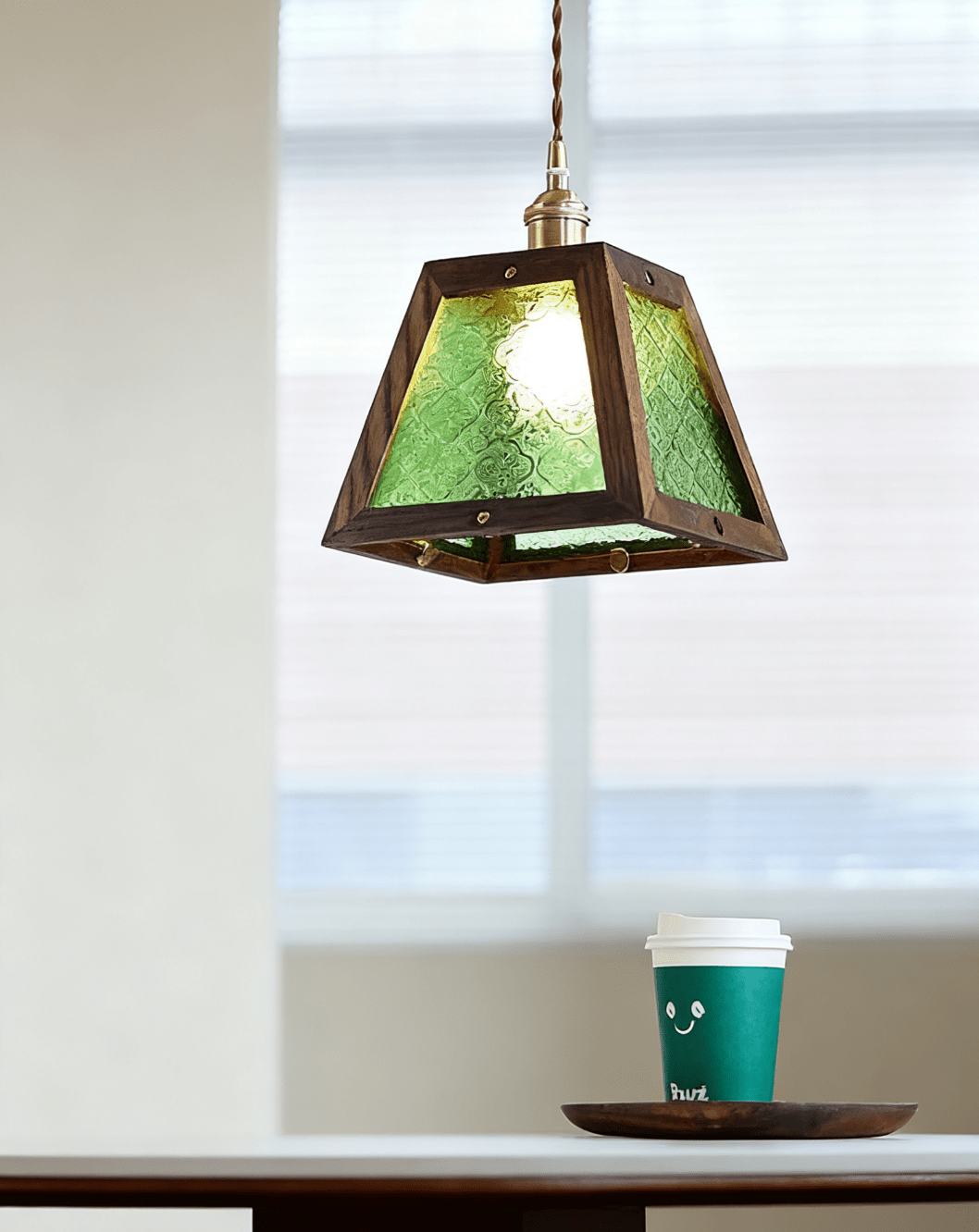 Artisan Green Glass Pendant Light with Walnut Wood Frame