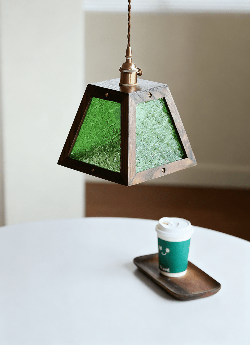 Artisan Green Glass Pendant Light with Walnut Wood Frame