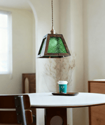 Artisan Green Glass Pendant Light with Walnut Wood Frame