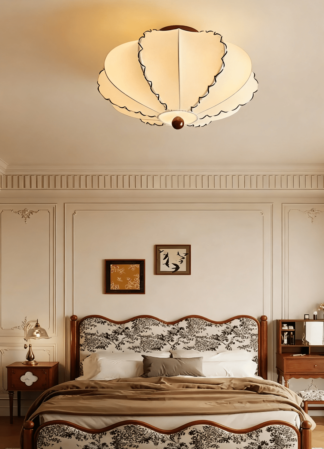 Scalloped Edge Fabric Ceiling Light with Walnut Accent