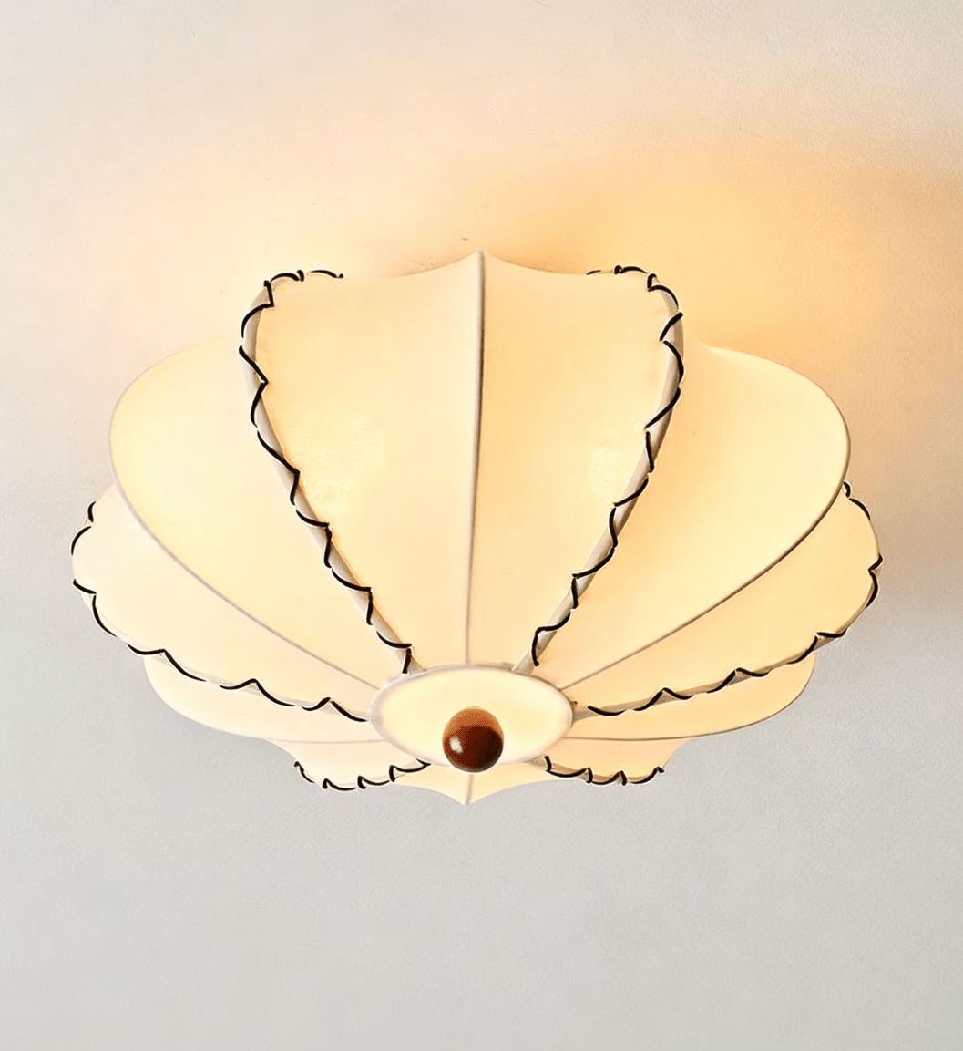 Scalloped Edge Fabric Ceiling Light with Walnut Accent