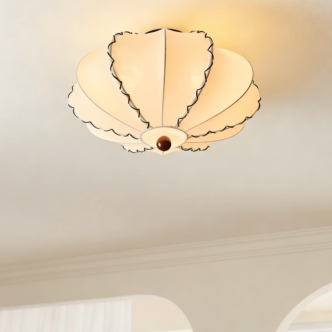 Scalloped Edge Fabric Ceiling Light with Walnut Accent
