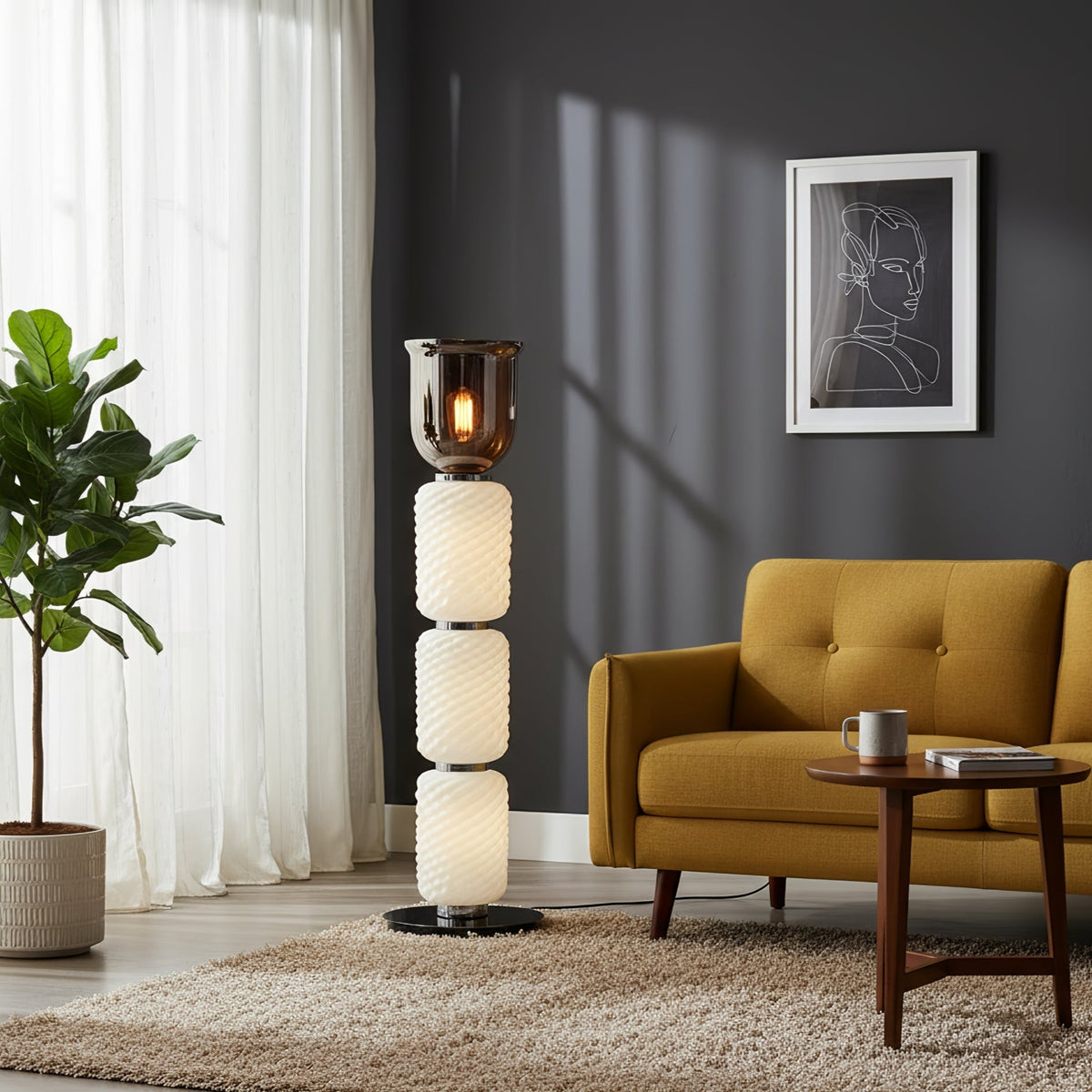 Layered Glass Floor Lamp with Textured Cream Shades