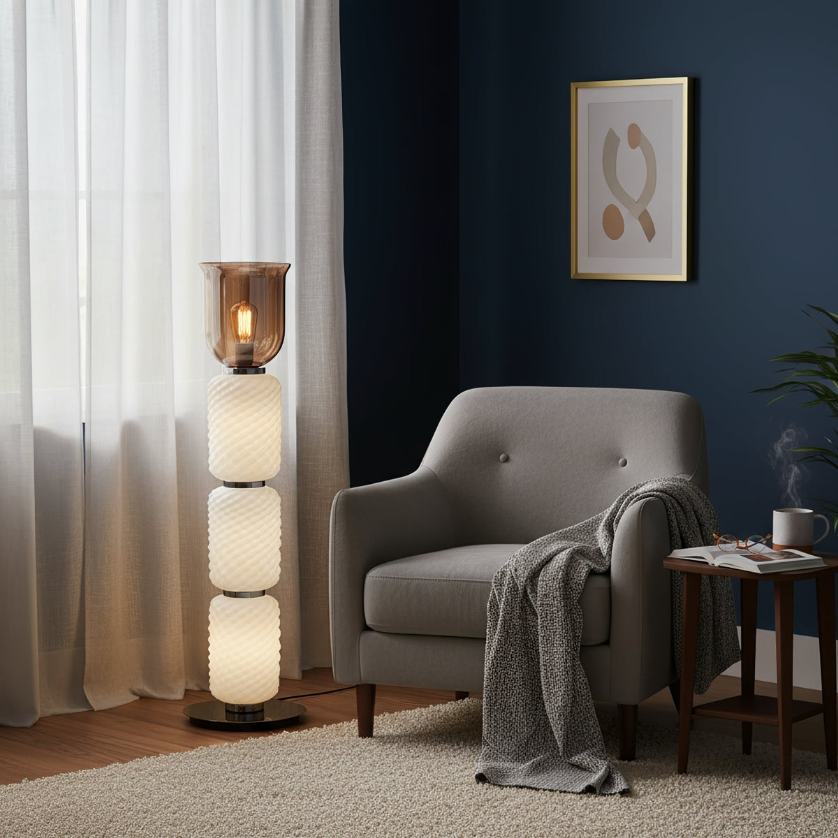 Layered Glass Floor Lamp with Textured Cream Shades
