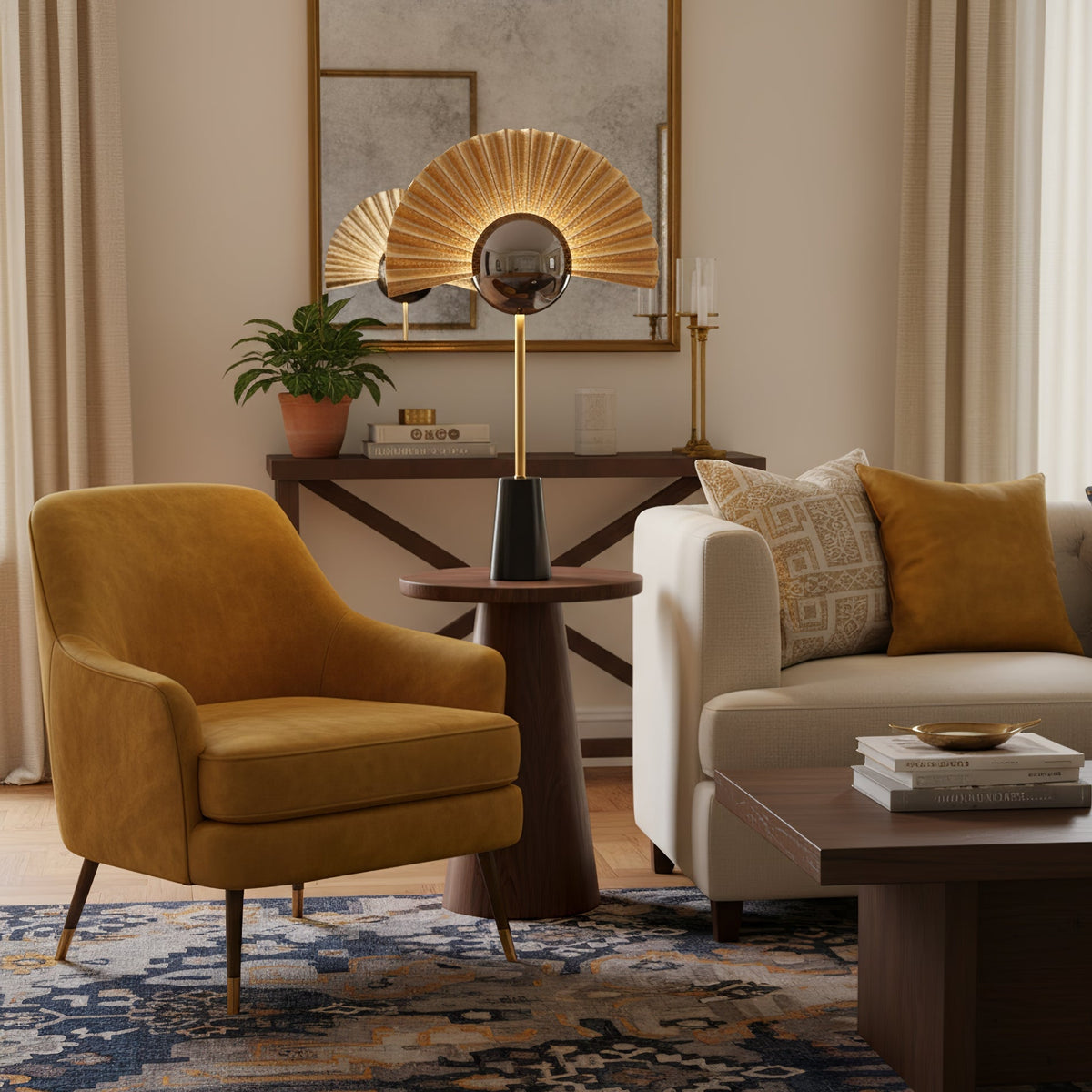 Gilded Fan Table Lamp – Modern Gold Metal Accent Light for Bedroom & Living Room