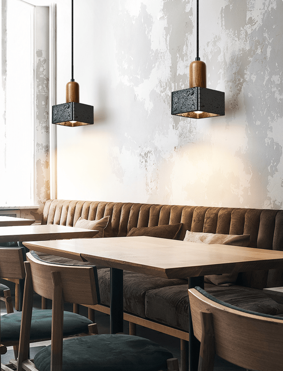 Lava Cube Pendant Light — Black Travertine & Walnut Modern Hanging Lamp