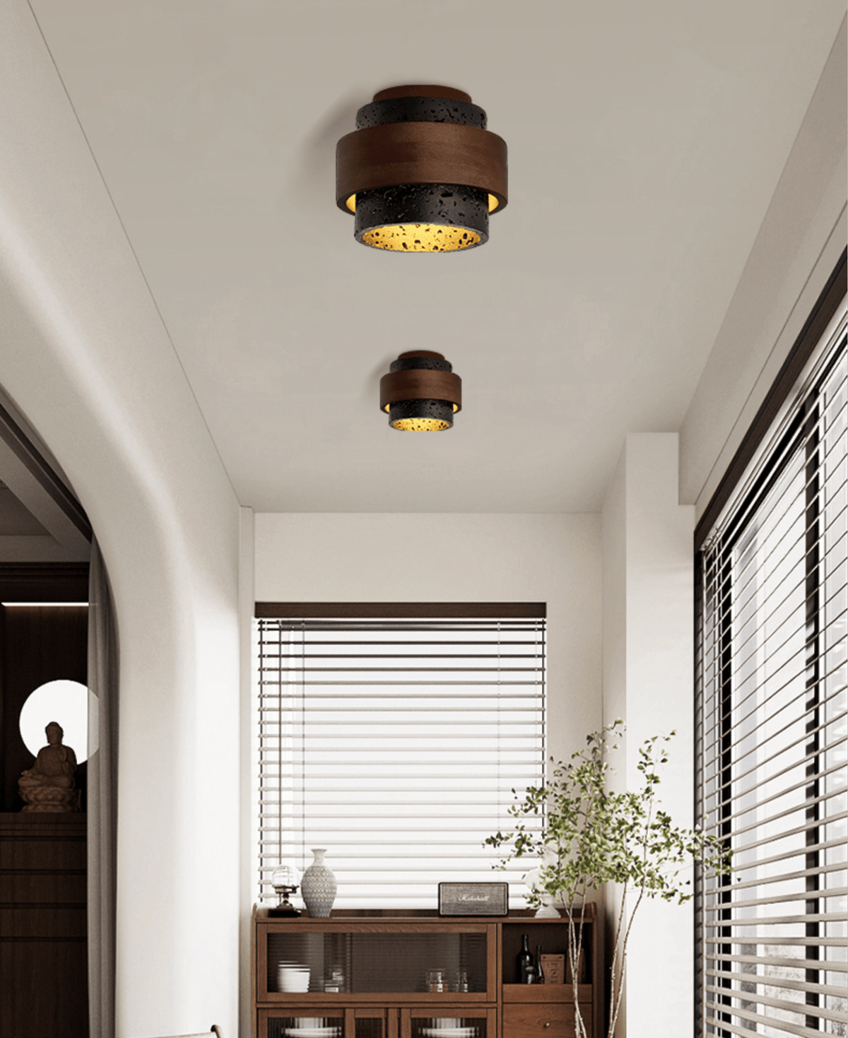 Ebony Stone & Walnut Flush Mount Ceiling Light – Modern Minimalist