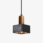 Lava Cube Pendant Light — Black Travertine & Walnut Modern Hanging Lamp