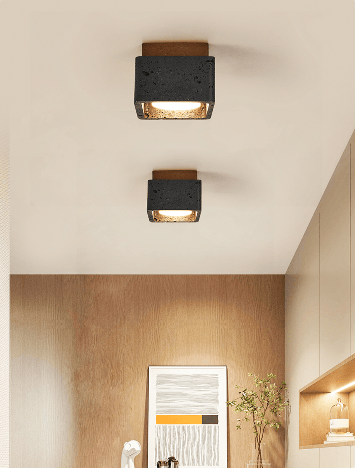 Lava Cube Ceiling Light in Black Travertine and Walnut