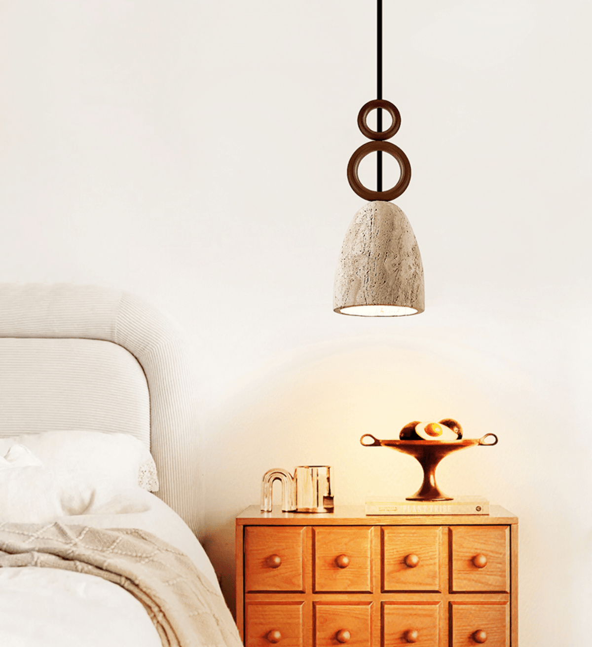 Stone Bell Rings Pendant Light in Yellow Travertine and Walnut Wood