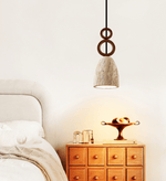 Stone Bell Rings Pendant Light in Yellow Travertine and Walnut Wood