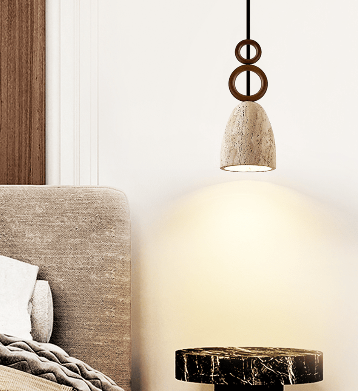 Stone Bell Rings Pendant Light in Yellow Travertine and Walnut Wood