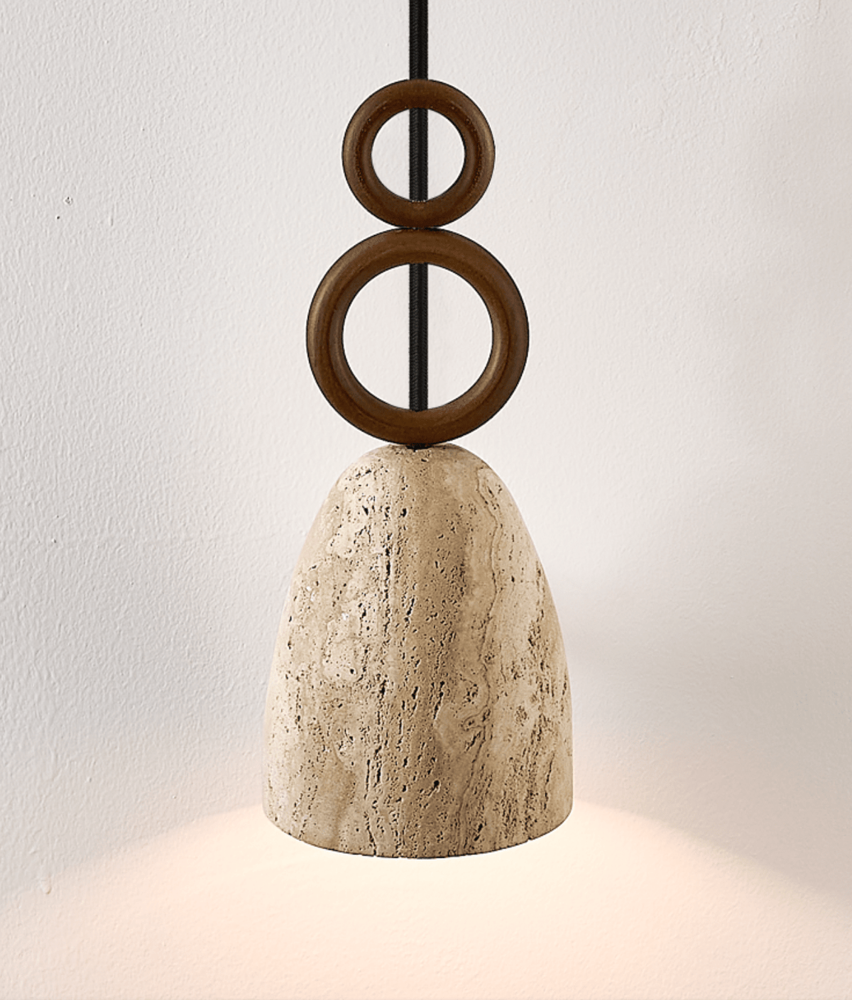 Stone Bell Rings Pendant Light in Yellow Travertine and Walnut Wood