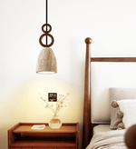 Stone Bell Rings Pendant Light in Yellow Travertine and Walnut Wood