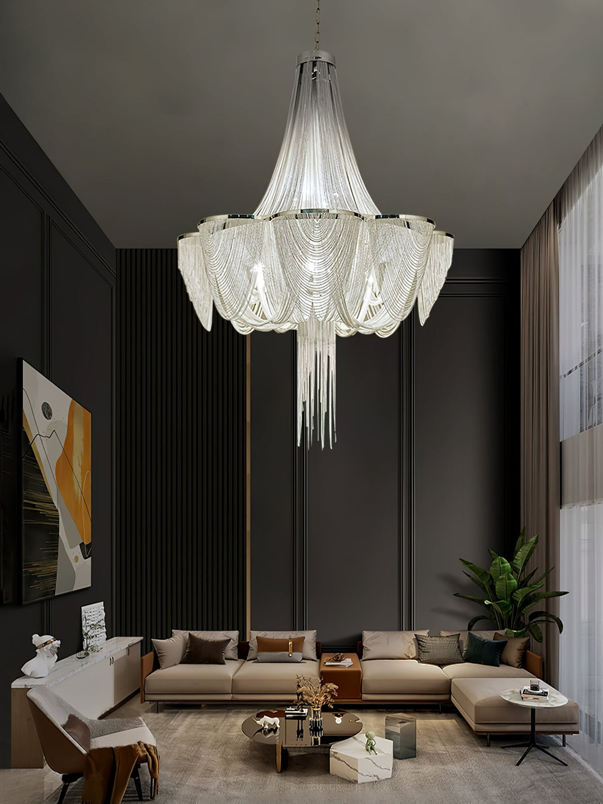 Silver Chain Tassel Chandelier – Art Deco Modern Pendant Light for Dining & Living Spaces
