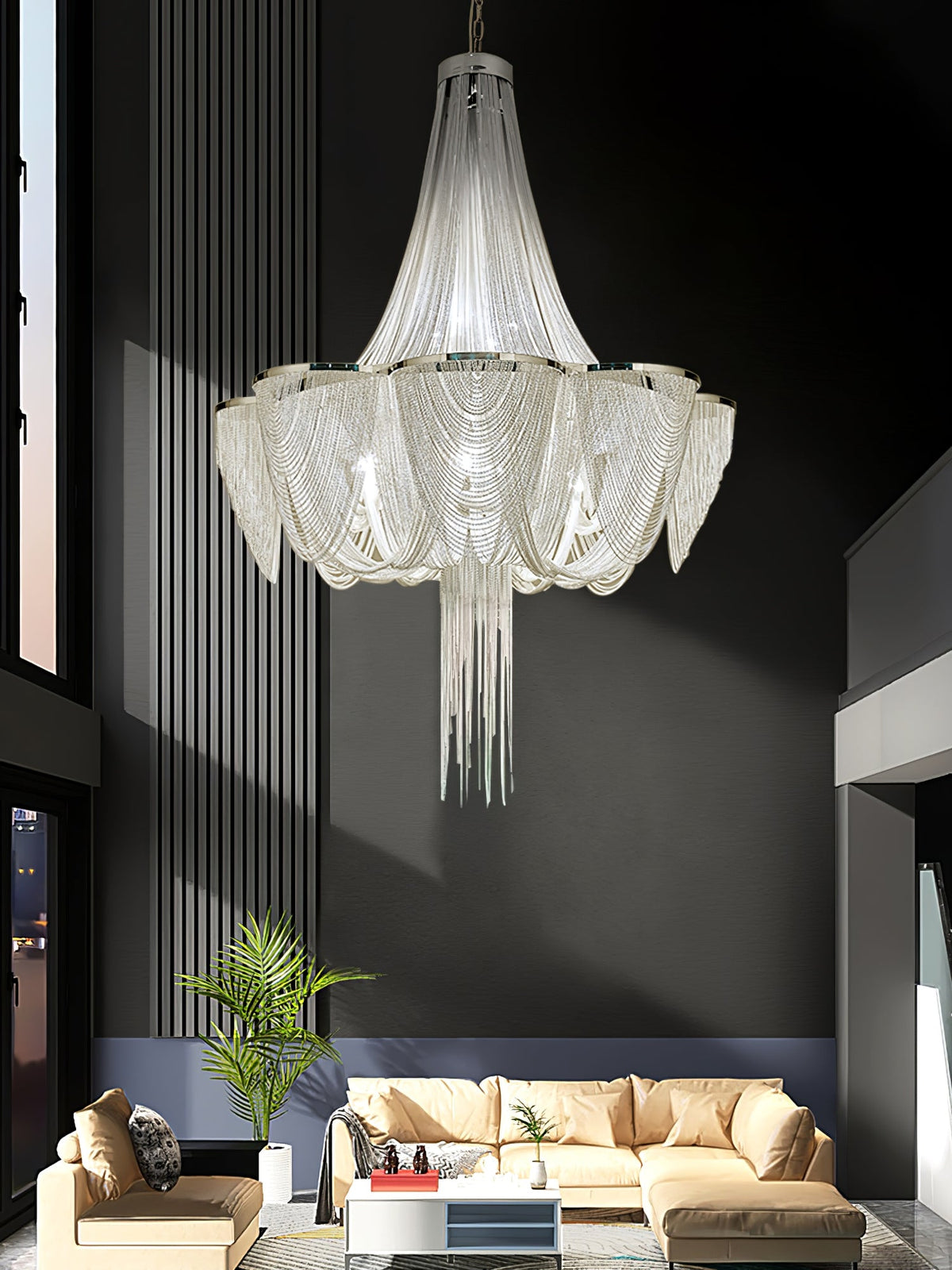 Silver Chain Tassel Chandelier – Art Deco Modern Pendant Light for Dining & Living Spaces
