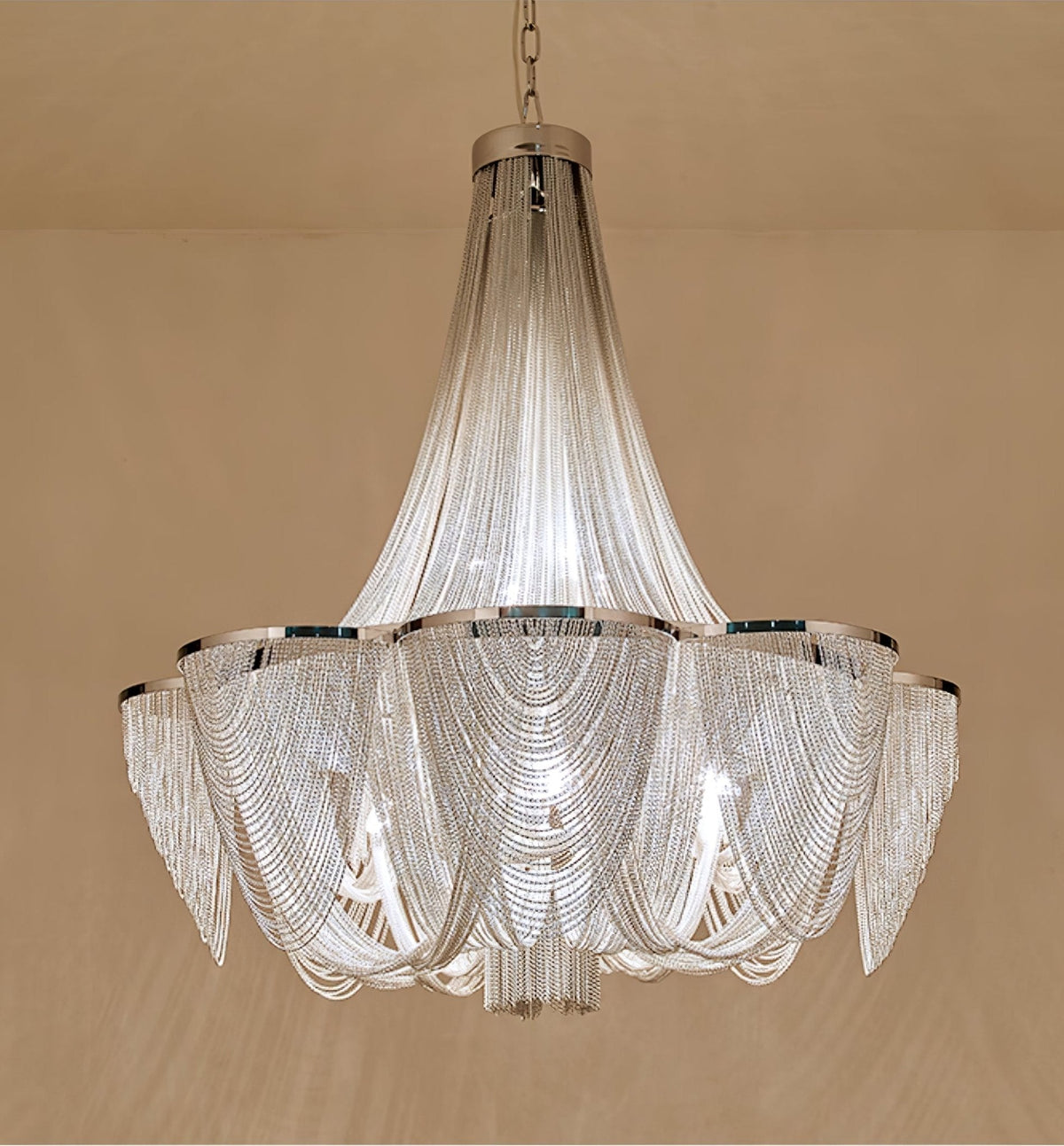 Silver Chain Tassel Chandelier – Art Deco Modern Pendant Light for Dining & Living Spaces