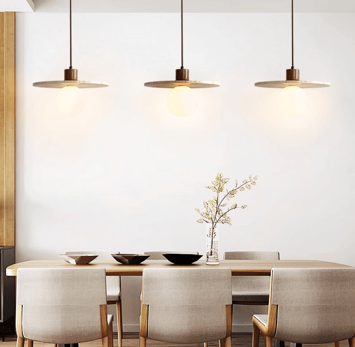 Travertine Globe Pendant Light with Wood Accent for Modern Interiors