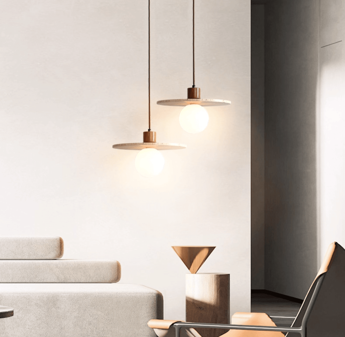 Travertine Globe Pendant Light with Wood Accent for Modern Interiors
