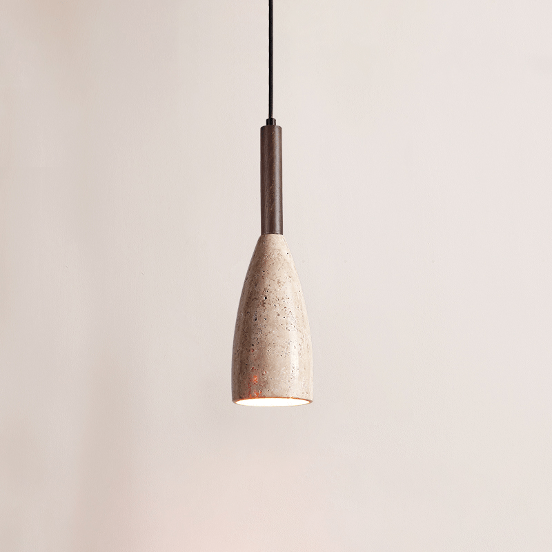 Travertine Teardrop Pendant Light — Natural Stone & Wood Designer Ceiling Lamp
