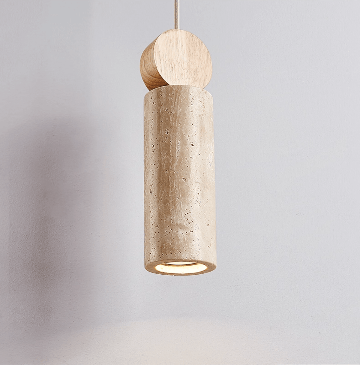 Travertine Cylinder Pendant Light with Wood Accent