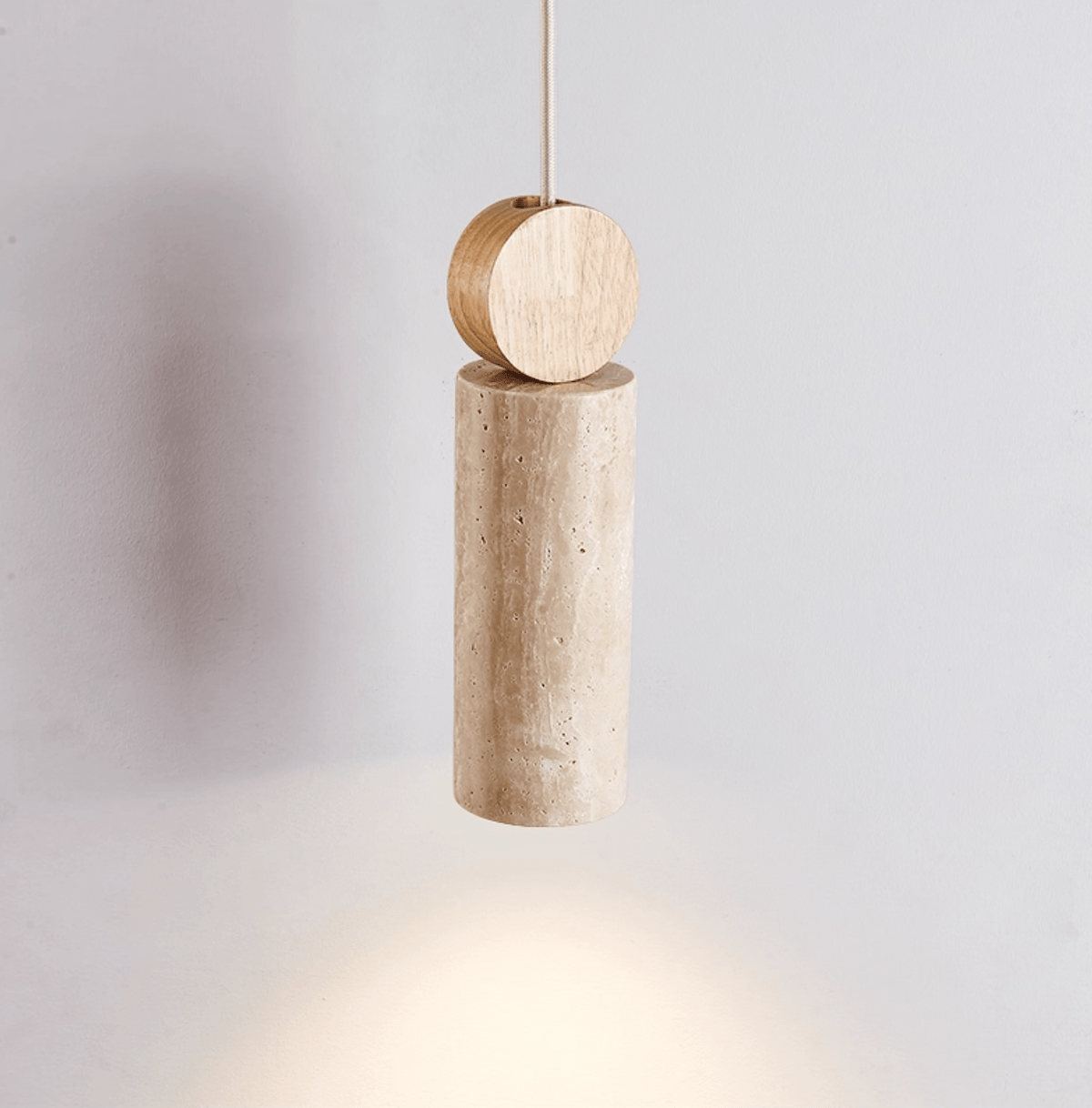 Travertine Cylinder Pendant Light with Wood Accent