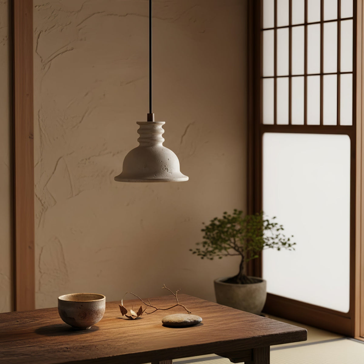 Travertine Dome Pendant Light with Ribbed Detail, Natural Stone & Wood Accent