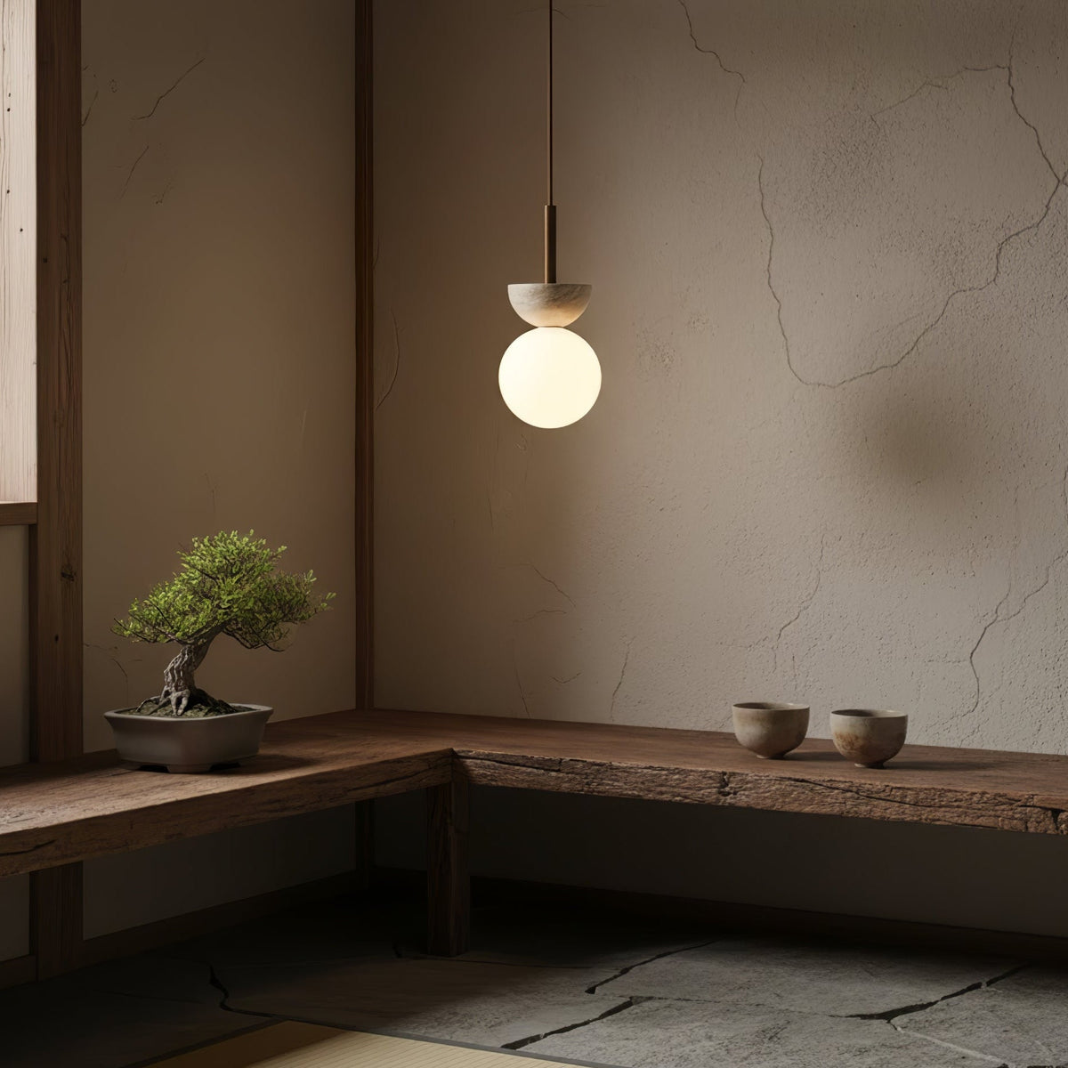 Travertine Half Duo Pendant Light – Natural Stone Modern Hanging Lamp