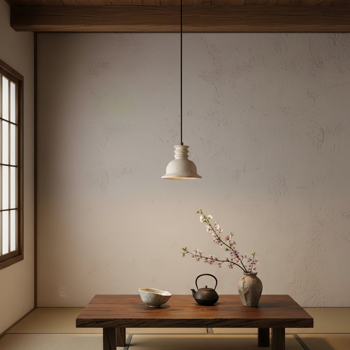 Travertine Dome Pendant Light with Ribbed Detail, Natural Stone & Wood Accent