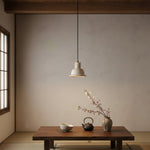 Travertine Dome Pendant Light with Ribbed Detail, Natural Stone & Wood Accent