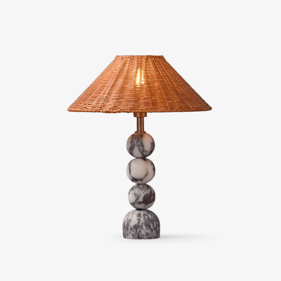 Marble Orb Rattan Table Lamp – Natural Stone & Woven Shade