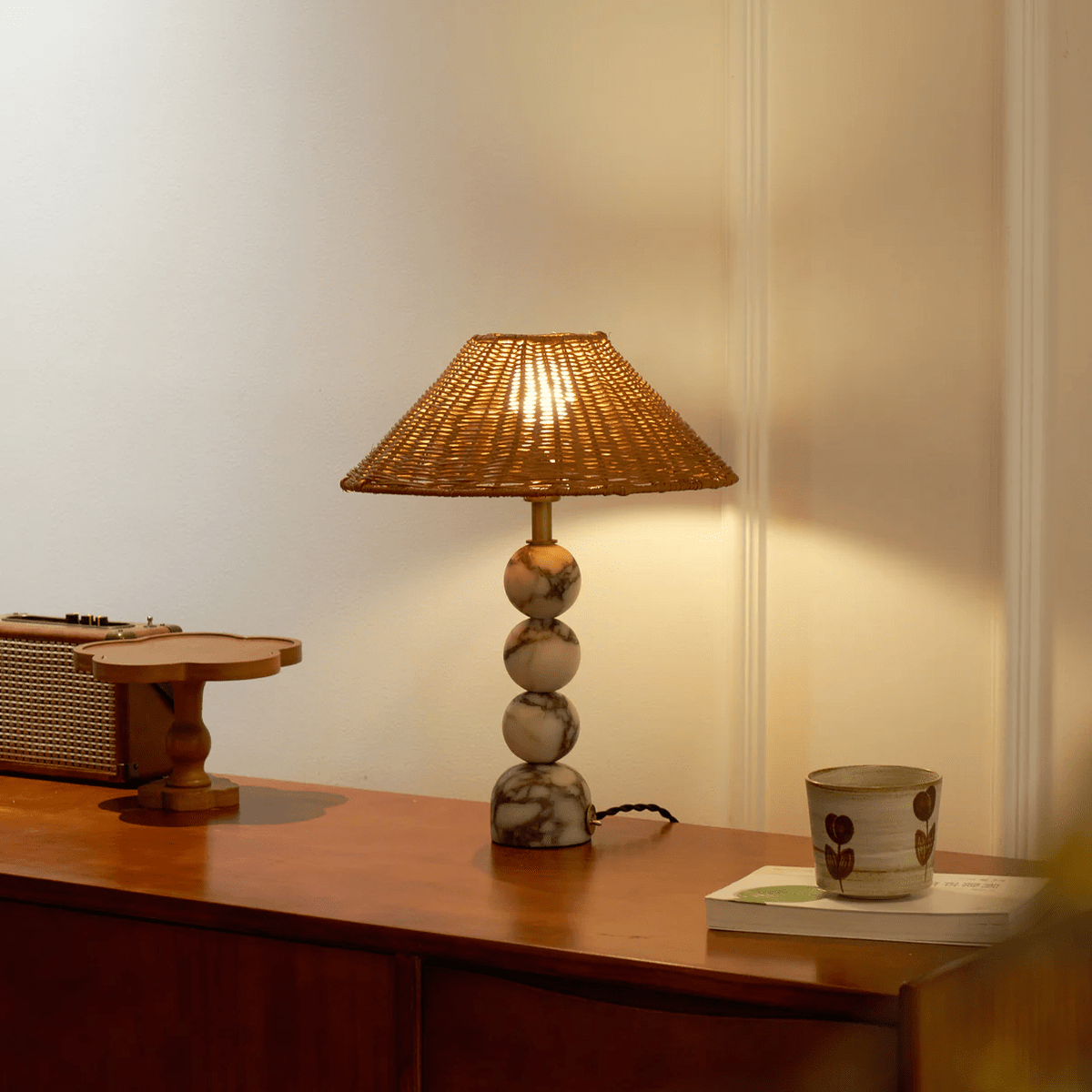 Marble Orb Rattan Table Lamp – Natural Stone & Woven Shade