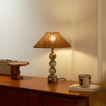 Marble Orb Rattan Table Lamp – Natural Stone & Woven Shade