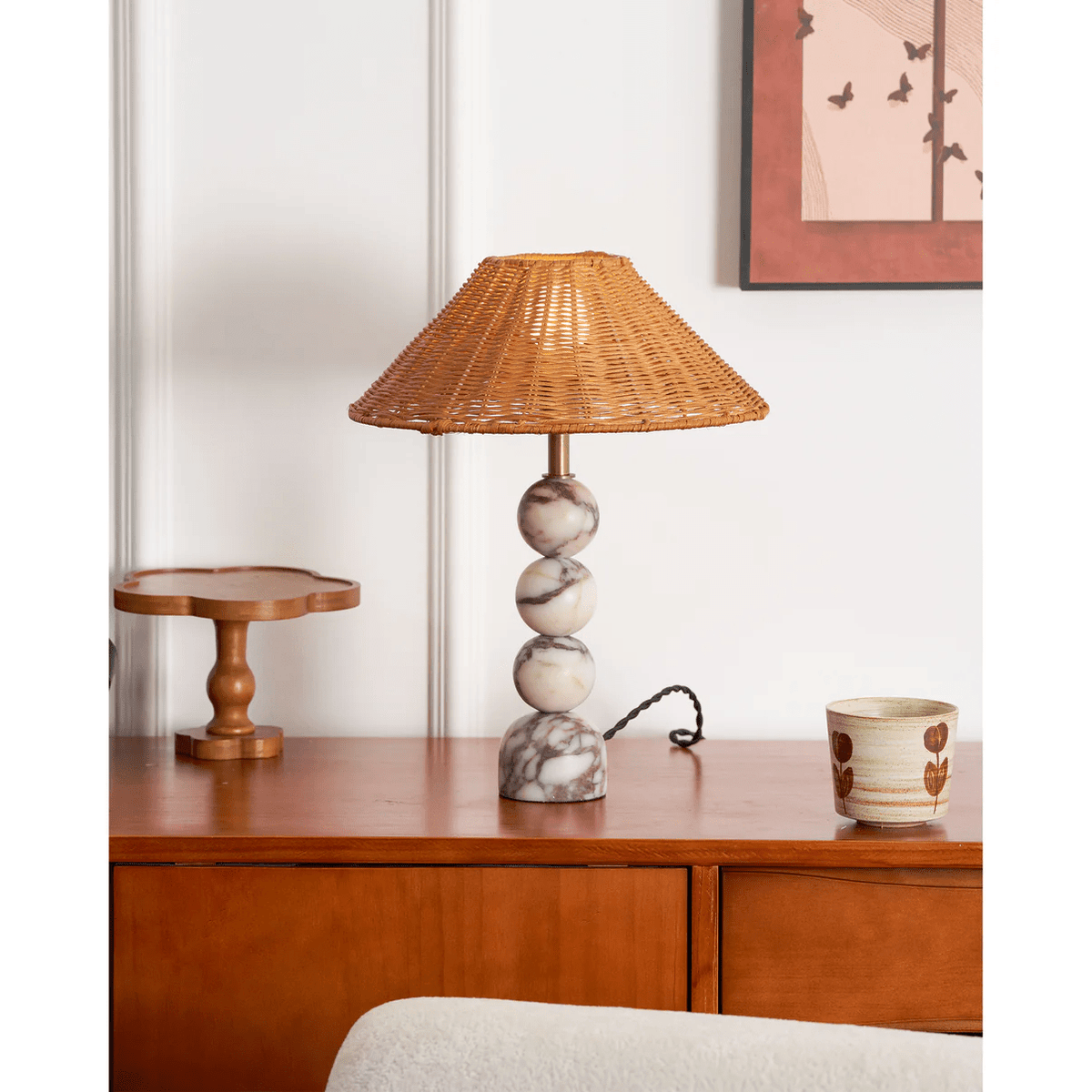 Marble Orb Rattan Table Lamp – Natural Stone & Woven Shade